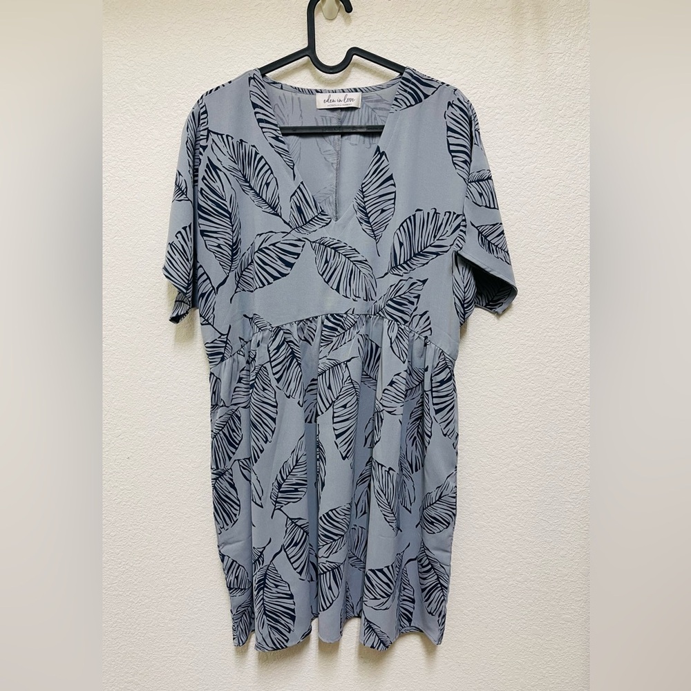 🌺 EDEN IN LOVE Blue Leaf V Neck Babydoll Dress Women's Size M